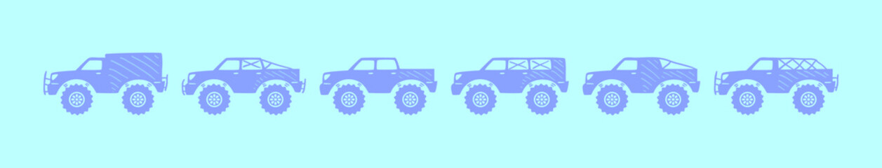 set of off-road car cartoon icon design template with various models. vector illustration isolated on blue background