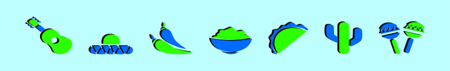 set of mexico element cartoon icon design template with various models. vector illustration isolated on blue background