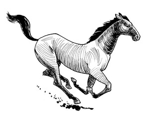 Ink black and white sketch of a running horse