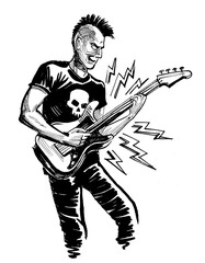 Ink black and white drawing of a punk playing electric guitar
