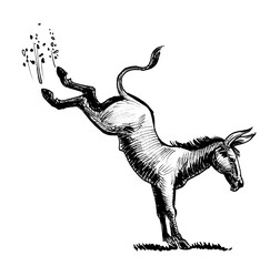 Ink black and white sketch of a kicking mule