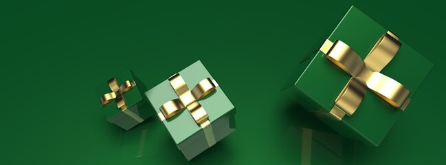 Green closed gift boxes with gold ribbon on black background. 3D illustration. 3D . 3D high quality rendering.