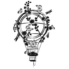 hot air balloon with butterflies and flowers