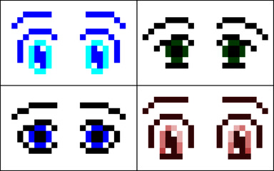 Set of four vector isolated pixel pairs of eyes with eyebrows. Pixel art