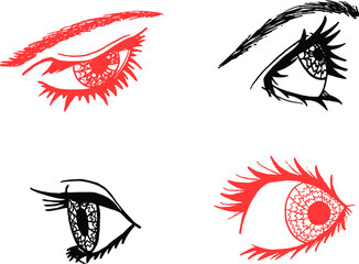 Set of 4 feminine eyes looking in different directions. Full lashes. Eyebrows. Eyelashes. Ink. Handmade isolated vector element.