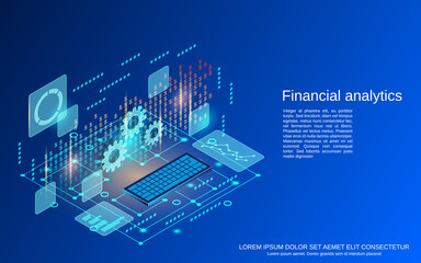 Financial analytics, business statistics flat isometric vector concept illustration