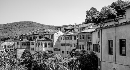 Ouro Preto, Brazil. Back side view of residential buildings .Black and White photography.