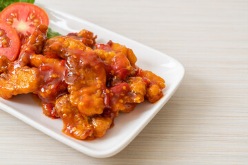 Fried fish topped with 3 flavors chili sauce