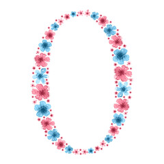 Number 0 lined with pink and blue watercolor flowers. Summer figure illustration. Great for postcards, congratulations, birthday, etc