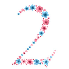 Number 2 from watercolor pink and blue flowers. Number symbol for postcards, greeting cards, text, posters, etc.