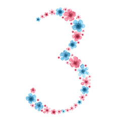 Number three. Number 3 lined with pink and blue flowers, painted with watercolors. Great for cards, greetings, invitations, and more