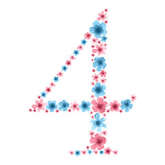 Number 4 from watercolor flowers. Pink and blue wildflowers lined with symbol four. Suitable for text, greetings, cards, birthday, etc