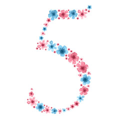Watercolor number 5 from blue and pink flowers. Suitable for postcards, decorations, banners, posters, etc.