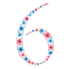 Watercolor number 6 from blue and pink flowers. Suitable for postcards, decorations, banners, posters, etc