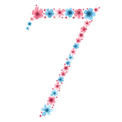 Watercolor number 7 from blue and pink flowers. Suitable for postcards, decorations, banners, posters, etc.