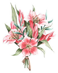 Obraz na płótnie Canvas Bouquet of pink lilies. Watercolor painted floral composition. Great for postcards, stickers, banners, and more