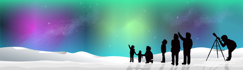 BANNER Aurora Northern Lights with Snow at Night silhouette people looking at stars