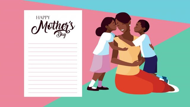 happy mothers day lettering with afro mom and kids