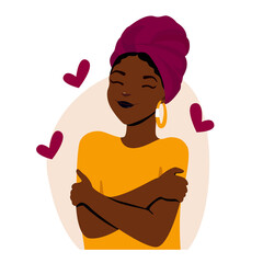 Self love concept, woman hugging herself. Love yourself. Love your body concept. Girl Healthcare Skincare. Take time for your self. African, American Woman hugging herself with hearts.Multi-ethnic