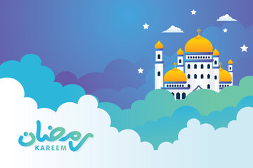 Ramadan Mubarak With islamic mosque on the cloud vector background