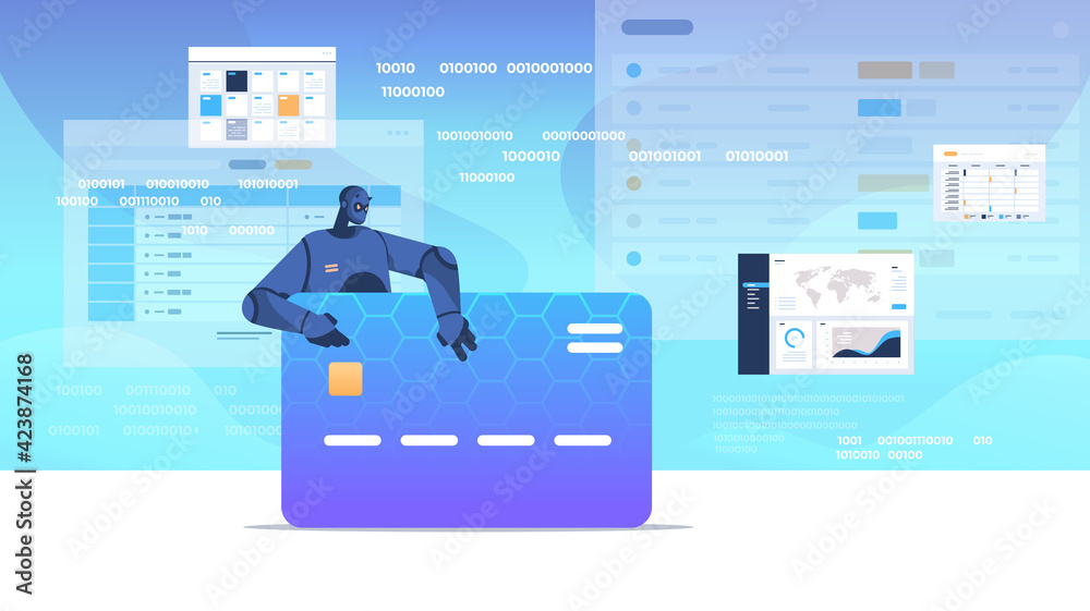 Poster black robot hacking data privacy security information of credit card artificial intelligence concept