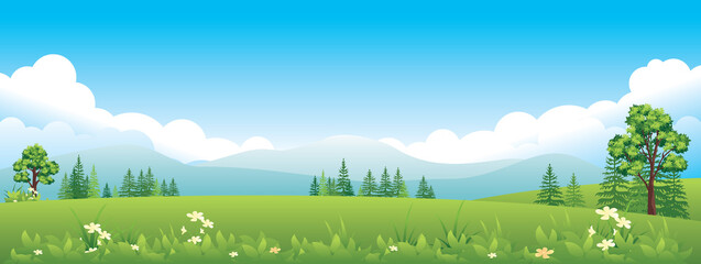 Wide Horizontal Panorama of Summer landscape with mountains, meadows, and fields.