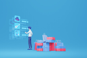 man shopping with online interface display  3d illustration