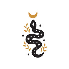 Mystical floral snake. Black celestial animal vector illustration. Hand drawn esoteric concept with crescent moon, gold brunch, stars. Boho modern poster, card, magical t-shirt print. Simple feminine 