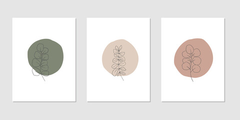 Abstract modern botanical vector illustration set. Contemporary art, trendy print, floral wall art, boho decor poster. Eucalyptus branch and geometric shape isolated on white background.