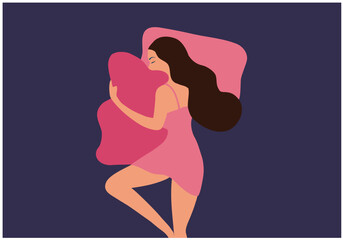 Healthy sleeping woman on bed vector illustration.  Good sleep and good dream concept