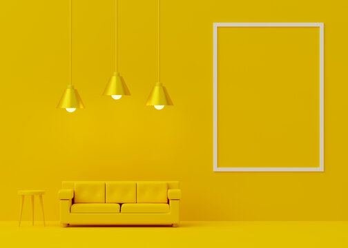 3d rendering yellow living room with sofa, small table, lamps and blank white frame.