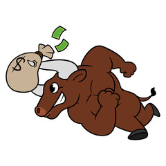 Cartoon Bull Ramming a Bag Money Illustration