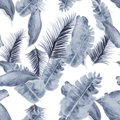 White Tropical Botanical. Indigo Seamless Botanical. Blue Pattern Textile. Gray Banana Leaves. Navy Wallpaper Design. Azure Flora Hibiscus. Cobalt Decoration Art.