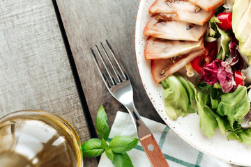 Healthy eating concept flat lay. Mediterranean diet, food on wooden background