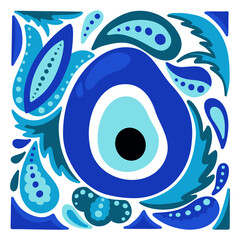 Nazar Boncuk hand drawn illustration. Square cartoon poster of Turkey amulet against evil eye. Blue pattern for t shirt or bag print, cover design. Flat isolated vector on white background