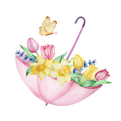 Watercolor painting spring flowers, pink open umbrella with tulips