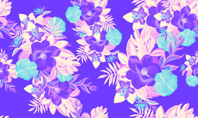 Fototapeta premium Purple Seamless Leaves. Indigo Pattern Texture. Blue Tropical Nature. Navy Floral Palm. Cobalt Flora Design. Pink Watercolor Botanical. Decoration Vintage.