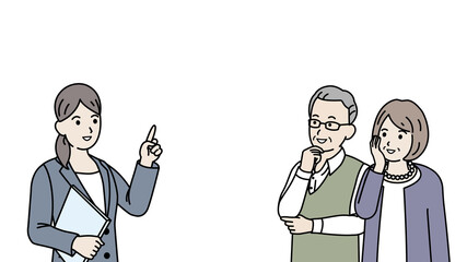 老夫婦に説明するスーツ姿の女性　ビジネスウーマン　シニア　年配　高齢者　イラスト素材