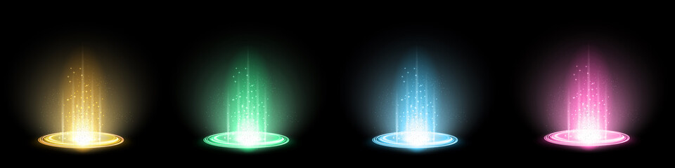 Color hologram portals set. Magic fantasy portal. Magic circle teleport podium with hologram effect. Vector colorful glow rays with sparks on black background. - obrazy, fototapety, plakaty