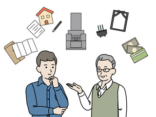 終活について考える老夫婦 相続 葬儀 お墓 遺書 悩み シニア 年配 高齢者 イラスト素材 Aged Wall Mural Ag Senryu