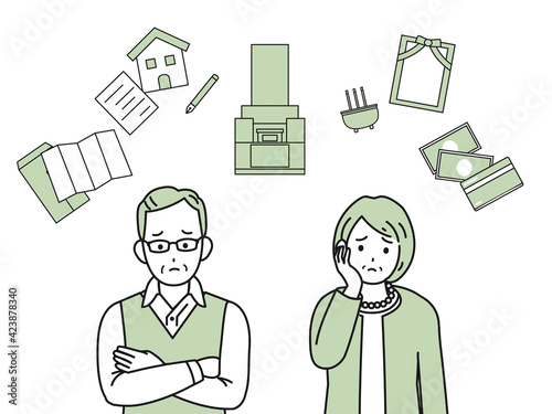 終活について考える老夫婦 相続 葬儀 お墓 遺書 悩み シニア 年配 高齢者 イラスト素材 Wall Mural Senryu