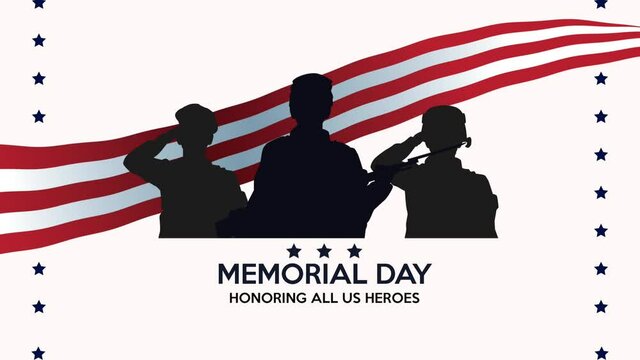 happy memorial day lettering with soldiers silhouette and usa flag