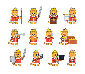 Yellow cat king characters set in various situations. Modern vector illustration