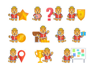 Fototapeta premium Yellow cat king characters set showing various emotions, facial expressions. Modern vector illustration