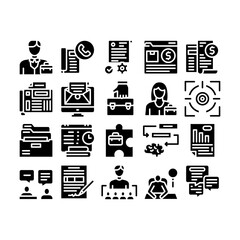 Administrator Business Glyph Set Vector. Analyzing And Researching Chart, People Administrator Occupation, Interview And Purchases Glyph Pictograms Black Illustrations