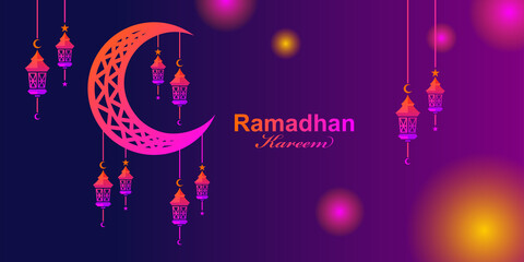 shiny ramadhan kareem with crescent moon and lantern
