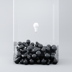 White Light bulb Floating on black light bulb Overlap in glass box on white background. Minimal idea concept. 3D Render.
