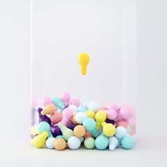 Yellow Light bulb Floating on pastel colorful light bulb Overlap in glass box on white background. Minimal idea concept. 3D Render.