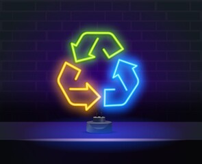 Multicolored neon light recycle symbol sign. Recycle neon light icon. Environment protection. Recycle arrows sign. Vector isolated illustration