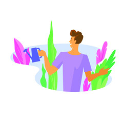 A man watering plants, taking care of domestic plants. Vector illustration isolated 